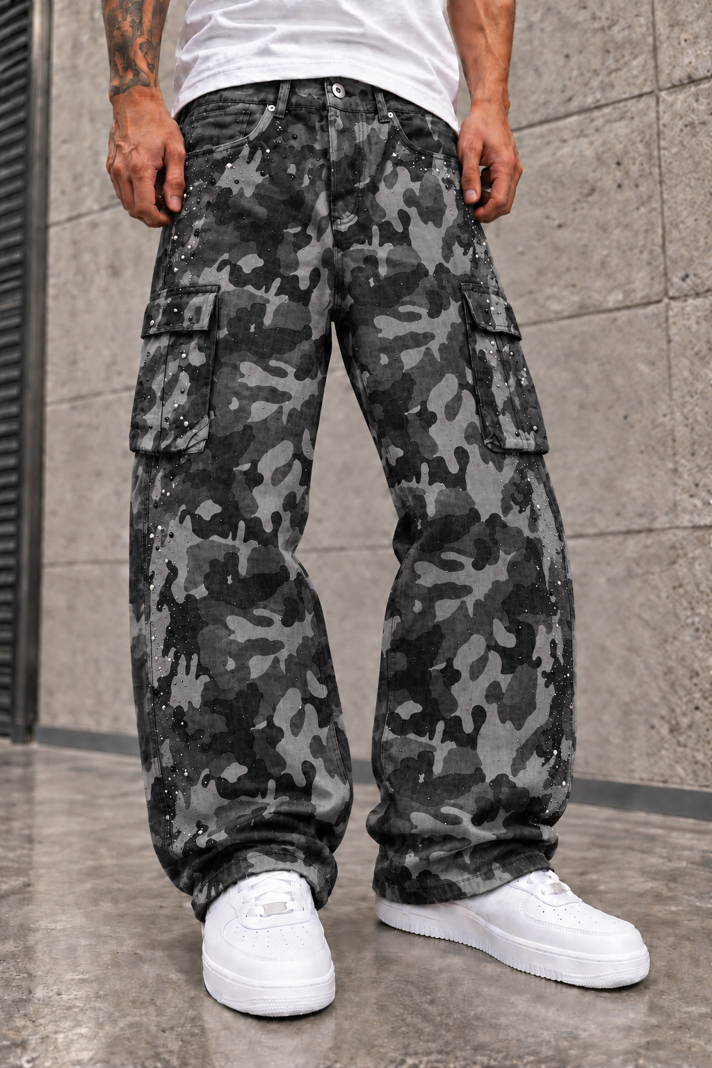 Jeans Cargo Camo Strass Grey